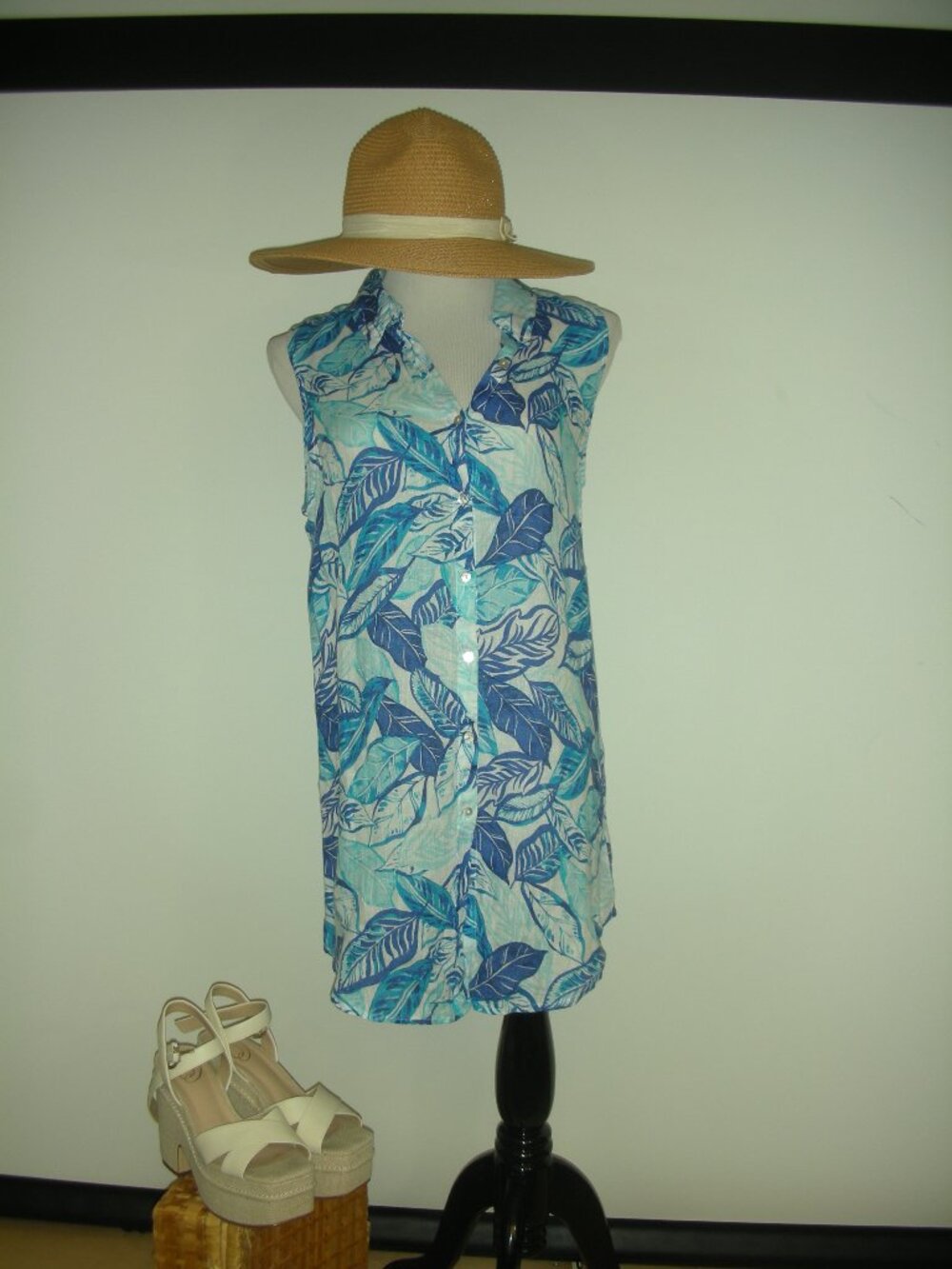 Sigrid Olsen 100% Linen Tropical Shirt Dress Small Blue Floral Coastal Resort Co
